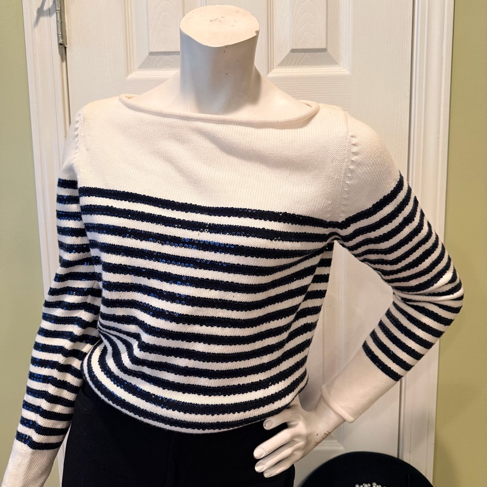 Worth Brand Black and White Striped w/ Navy Sequins Sweater, Jumper